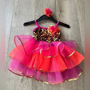 Pink and Orange Jazz Tutu Size Child XS With Golden Sequins and Hair Piece